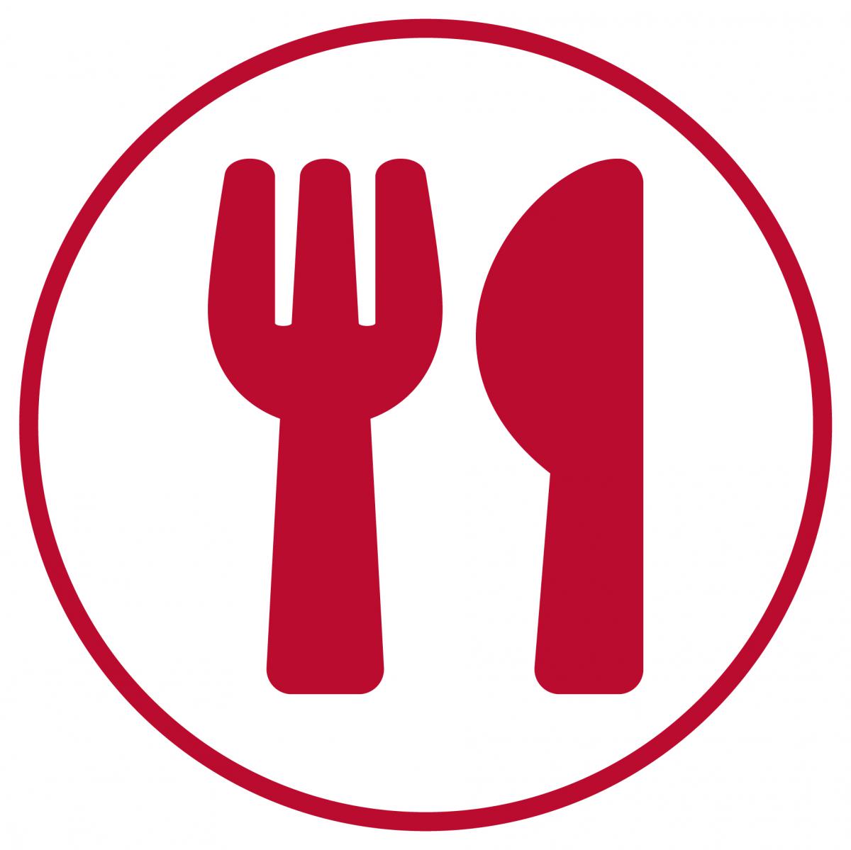 an icon graphic with a red fork and knife surrounded by a red circle.